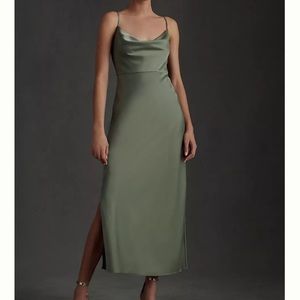 BHLDN Cali Satin Cowl Neck Midi Slip Dress - Moss Green